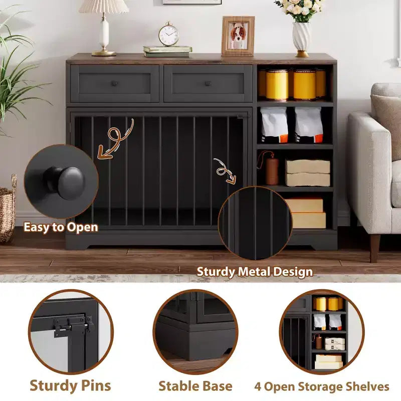 47 Dog Crate Furniture - 2 Storage Drawers, 4 Deep Shelves, Farmhouse Wooden, Extra Large Dog Cage End Table, Indoor Kennel for Large Medium Dogs