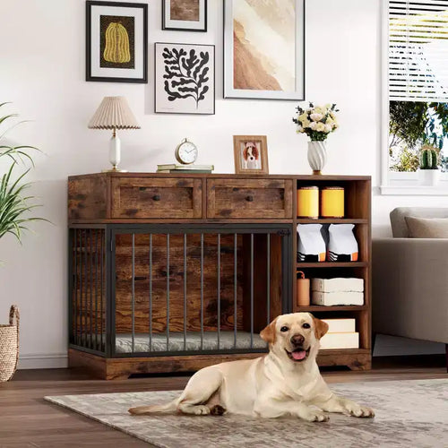 47 Dog Crate Furniture - 2 Storage Drawers, 4 Deep Shelves, Farmhouse Wooden, Extra Large Dog Cage End Table, Indoor Kennel for Large Medium Dogs