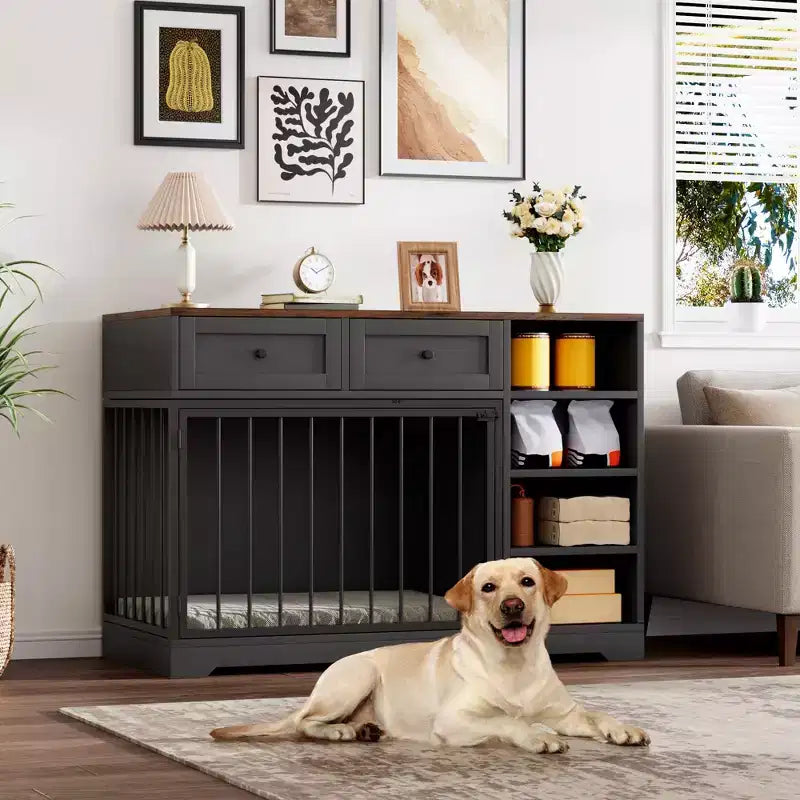 Meuble caisse pour chien 47" - 2 tiroirs de rangement, 4 étagères profondes, en bois de style ferme, table d'appoint extra large pour chien, chenil intérieur pour grands et moyens chiens