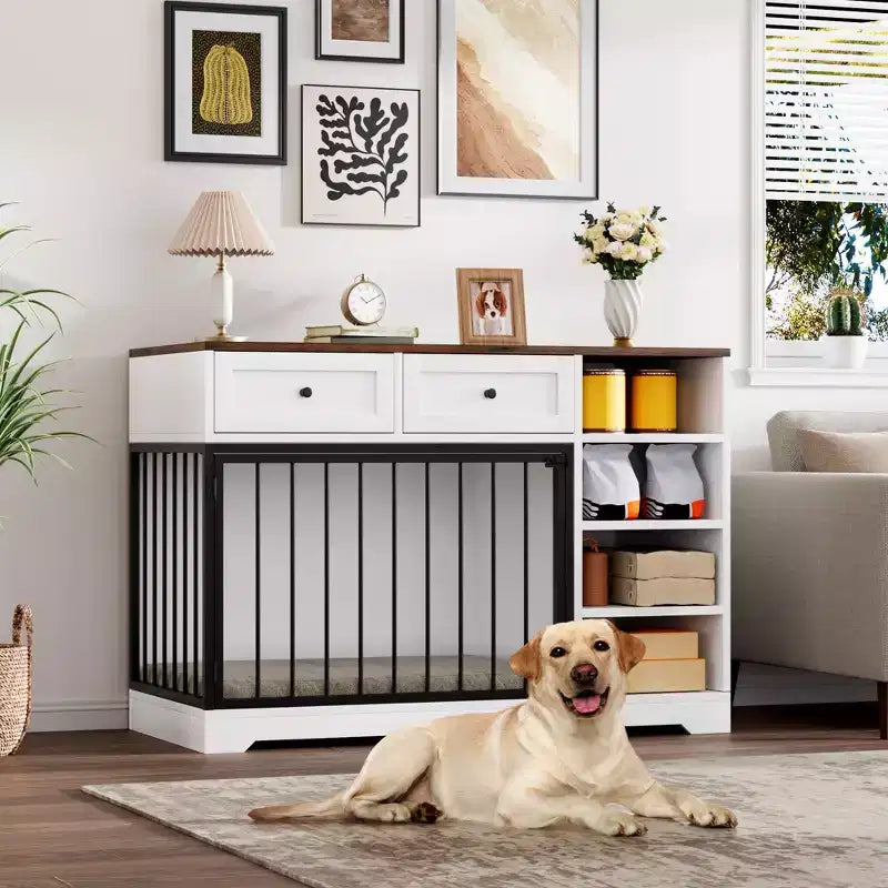 Meuble caisse pour chien 47" - 2 tiroirs de rangement, 4 étagères profondes, en bois de style ferme, table d'appoint extra large pour chien, chenil intérieur pour grands et moyens chiens