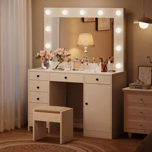 Coiffeuse de Maquillage de 120 cm avec Miroir, 7 Tiroirs de Rangement et 1 Porte, Table de Maquillage Moderne en Bois, pour Maison, Salon
