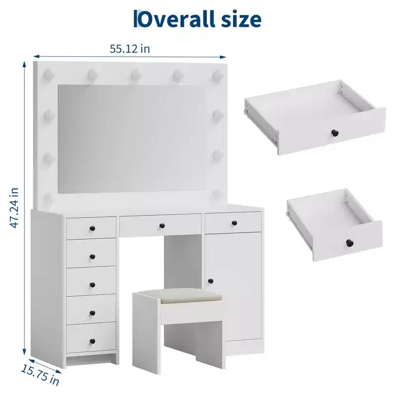 47 Makeup Vanity with Mirror, 7 Storage Drawers & 1 Door, Modern Wooden Dressing Table, for Home, Living Room