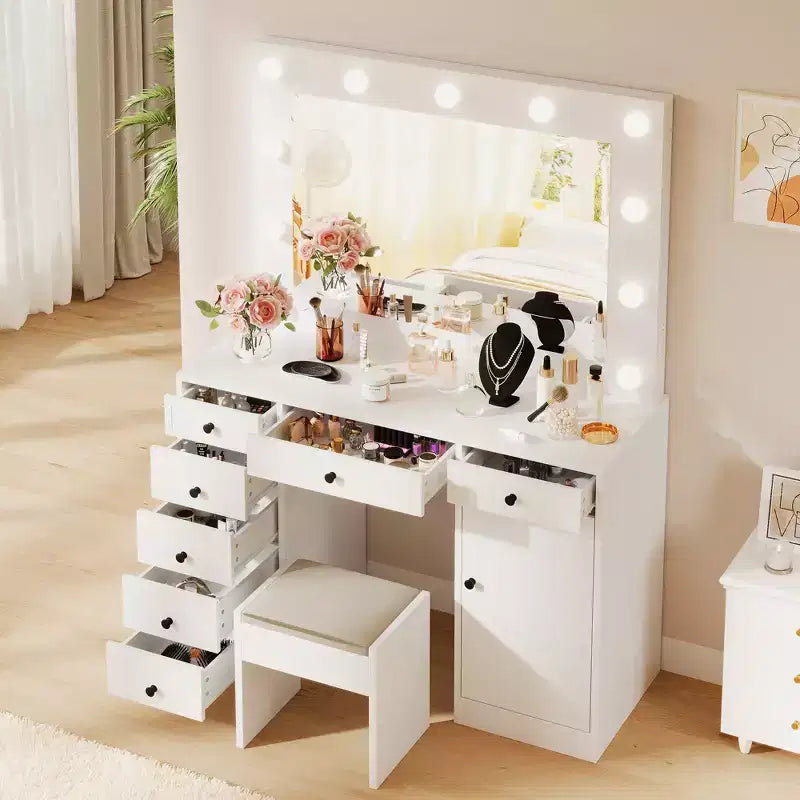 47 Makeup Vanity with Mirror, 7 Storage Drawers & 1 Door, Modern Wooden Dressing Table, for Home, Living Room