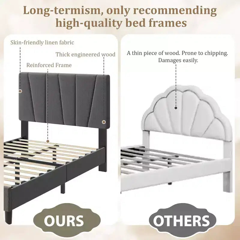 Twin Size Platform Bed Frame with Adjustable Headboard, Linen Upholstered Frame with Wooden Slats - No Box Spring Needed, Easy Assembly