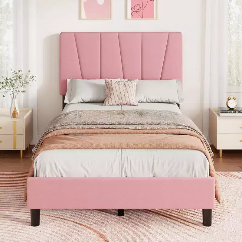 Twin Size Platform Bed Frame with Adjustable Headboard, Linen Upholstered Frame with Wooden Slats - No Box Spring Needed, Easy Assembly
