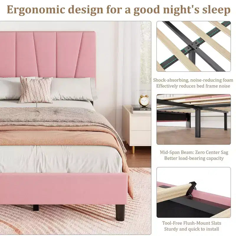 Twin Size Platform Bed Frame with Adjustable Headboard, Linen Upholstered Frame with Wooden Slats - No Box Spring Needed, Easy Assembly