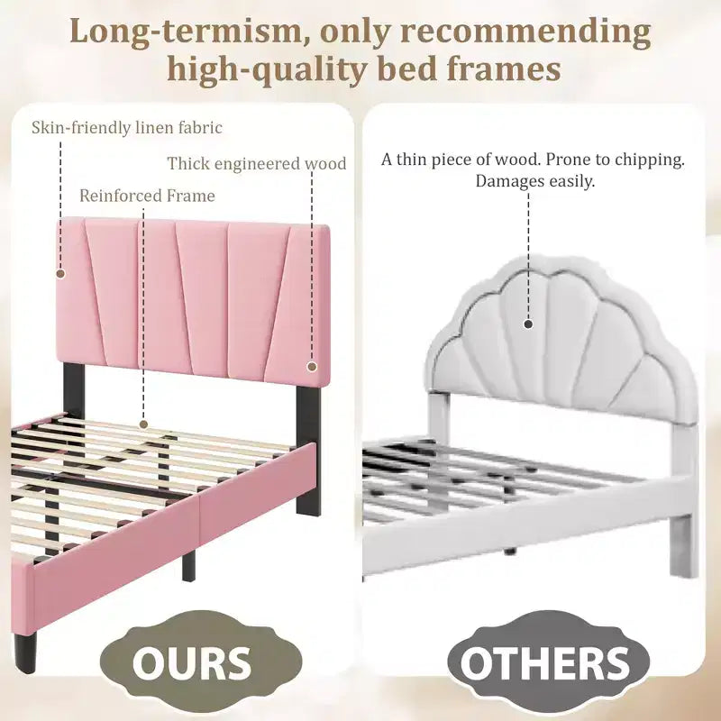Twin Size Platform Bed Frame with Adjustable Headboard, Linen Upholstered Frame with Wooden Slats - No Box Spring Needed, Easy Assembly