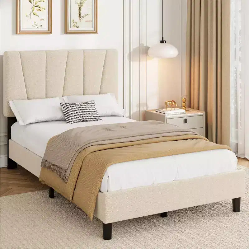 Twin Size Platform Bed Frame with Adjustable Headboard, Linen Upholstered Frame with Wooden Slats - No Box Spring Needed, Easy Assembly
