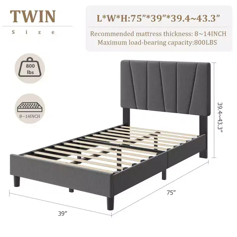 Twin Size Platform Bed Frame with Adjustable Headboard, Linen Upholstered Frame with Wooden Slats - No Box Spring Needed, Easy Assembly