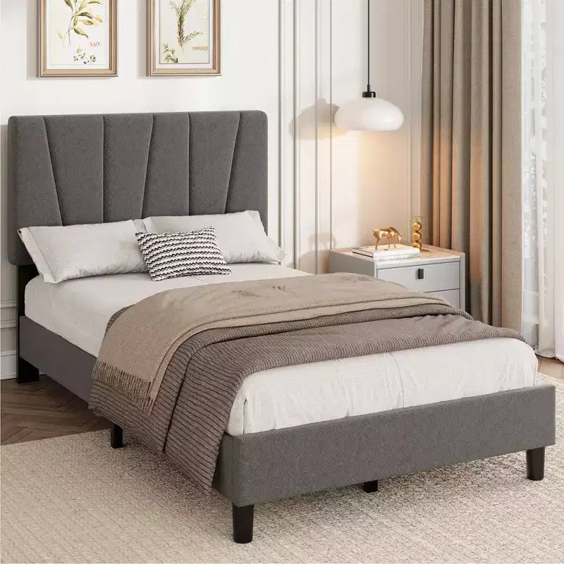Twin Size Platform Bed Frame with Adjustable Headboard, Linen Upholstered Frame with Wooden Slats - No Box Spring Needed, Easy Assembly