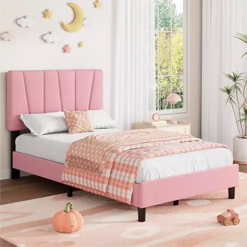 Twin Size Platform Bed Frame with Adjustable Headboard, Linen Upholstered Frame with Wooden Slats - No Box Spring Needed, Easy Assembly
