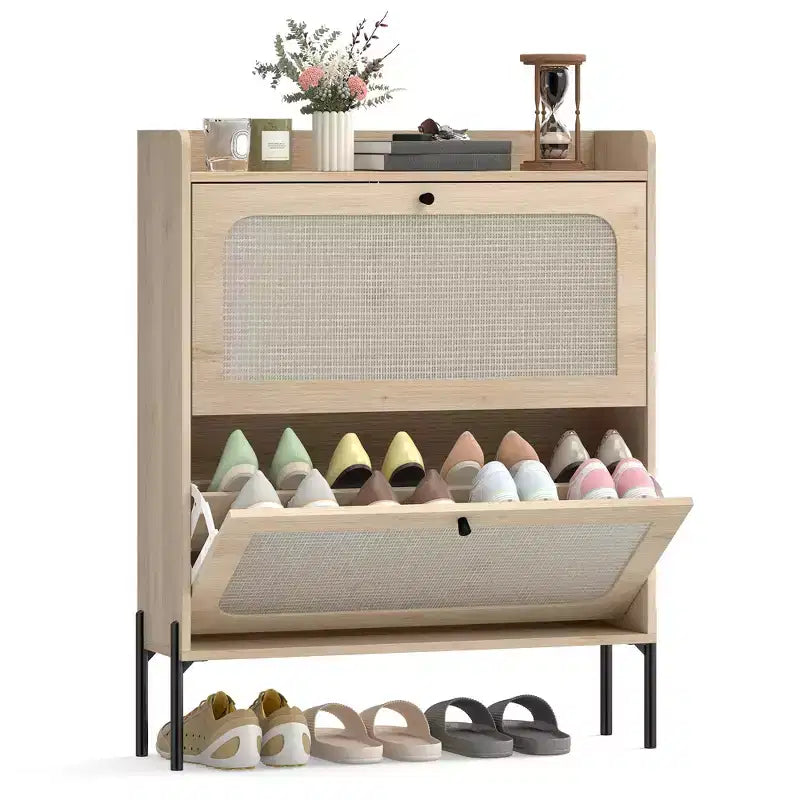 HOMCOM Shoe Cabinet with 2 Flip Drawers, Boho Narrow Shoe Storage Cabinet with Adjustable Shelves and Rattan Accent, Holds 12-16 Pairs, Oak