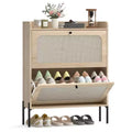 HOMCOM Shoe Cabinet with 2 Flip Drawers, Boho Narrow Shoe Storage Cabinet with Adjustable Shelves and Rattan Accent, Holds 12-16 Pairs, Oak