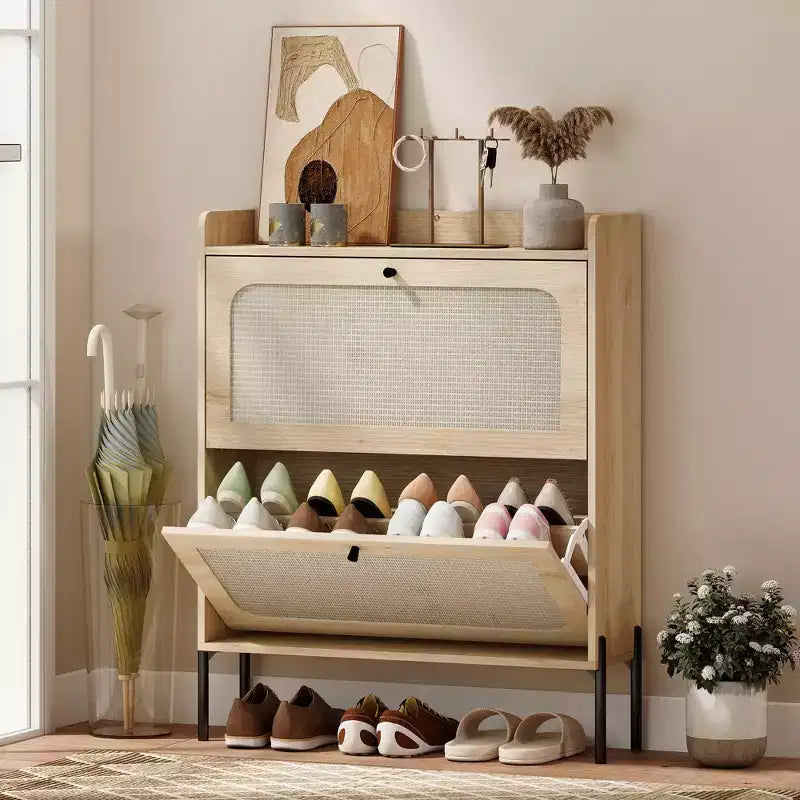 HOMCOM Shoe Cabinet with 2 Flip Drawers, Boho Narrow Shoe Storage Cabinet with Adjustable Shelves and Rattan Accent, Holds 12-16 Pairs, Oak