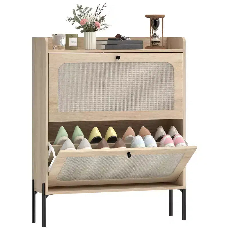 HOMCOM Shoe Cabinet with 2 Flip Drawers, Boho Narrow Shoe Storage Cabinet with Adjustable Shelves and Rattan Accent, Holds 12-16 Pairs, Oak
