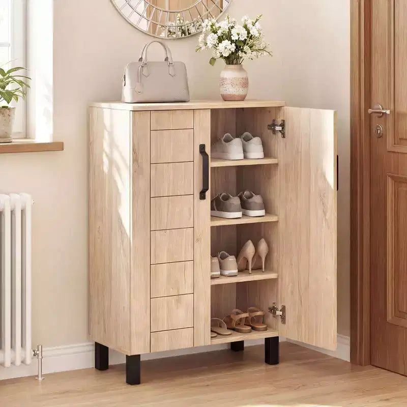 Costway 5-Tier Shoe Storage Cabinet with 2 Doors, Removable Shelves & Ventilation Hole Brown/Natural Oak