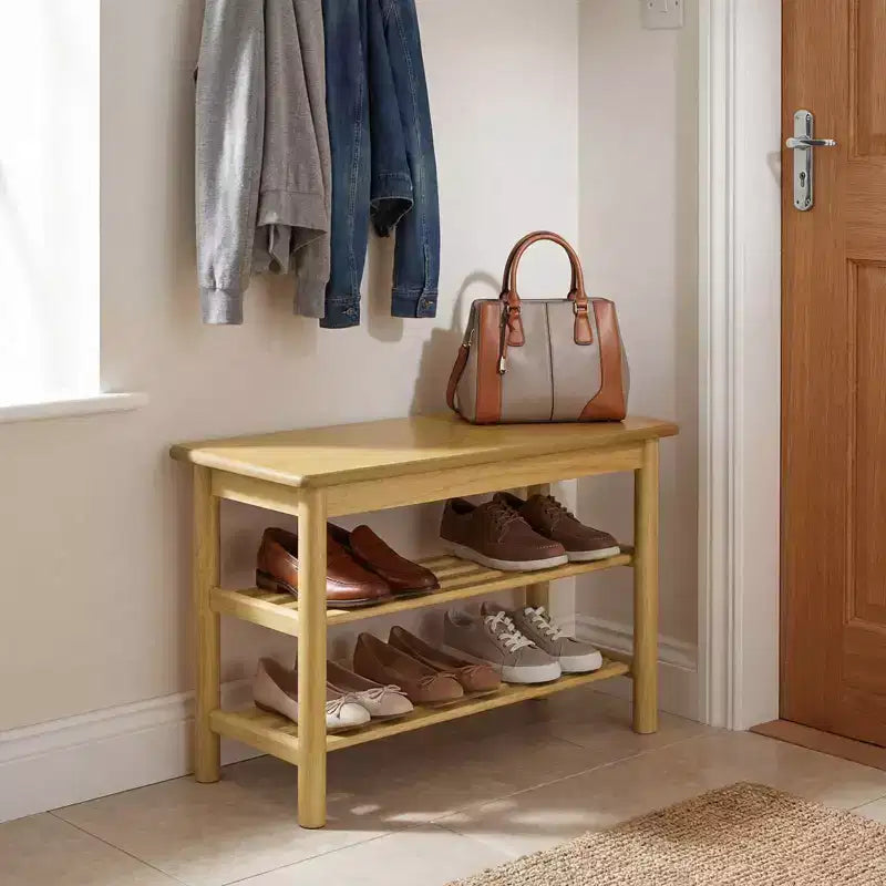 Costway Shoe Rack Bench,3-Tier Rubberwood Freestanding Shoe Changing Bench with Slat Shelve