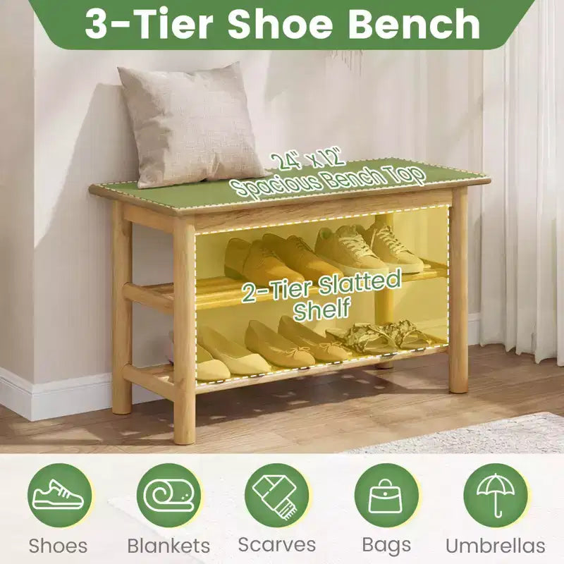 Costway Shoe Rack Bench,3-Tier Rubberwood Freestanding Shoe Changing Bench with Slat Shelve