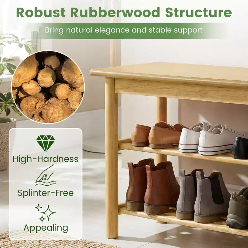 Costway Shoe Rack Bench,3-Tier Rubberwood Freestanding Shoe Changing Bench with Slat Shelve