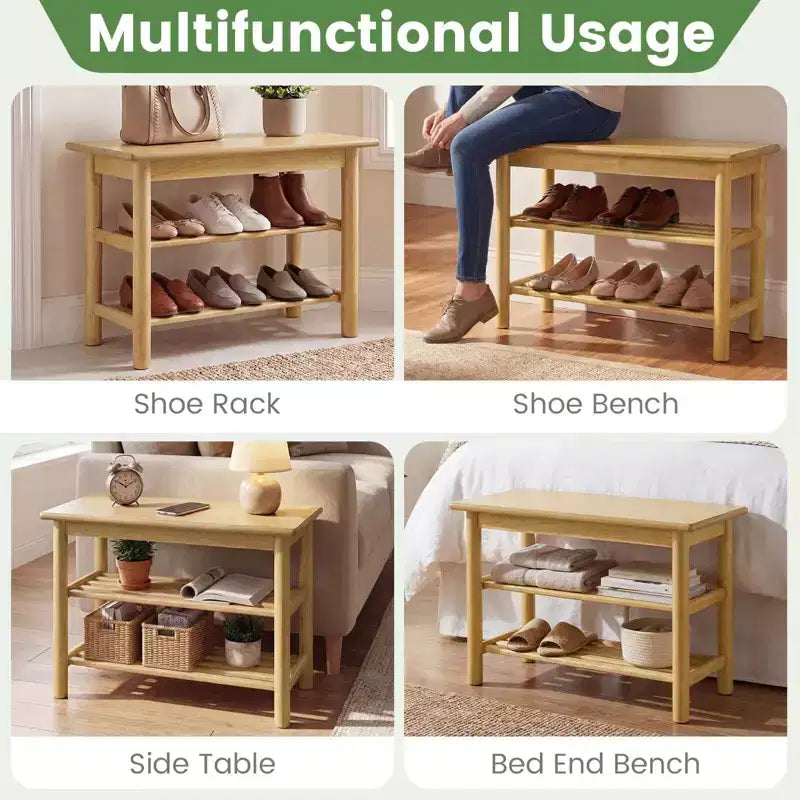 Costway Shoe Rack Bench,3-Tier Rubberwood Freestanding Shoe Changing Bench with Slat Shelve