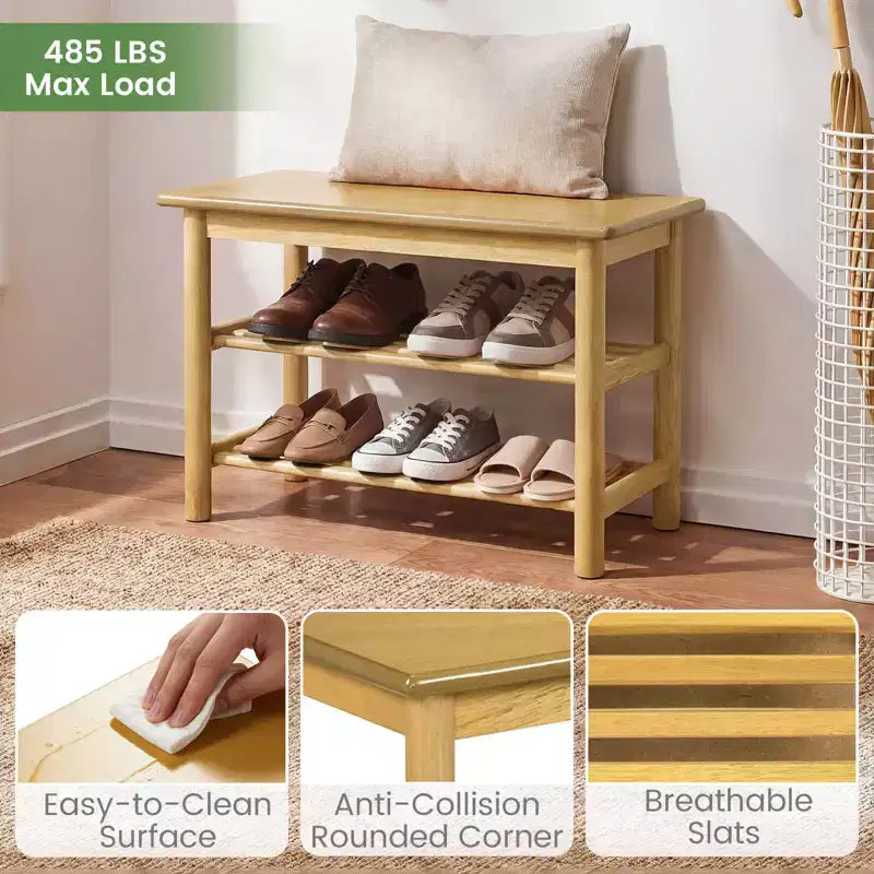 Costway Shoe Rack Bench,3-Tier Rubberwood Freestanding Shoe Changing Bench with Slat Shelve