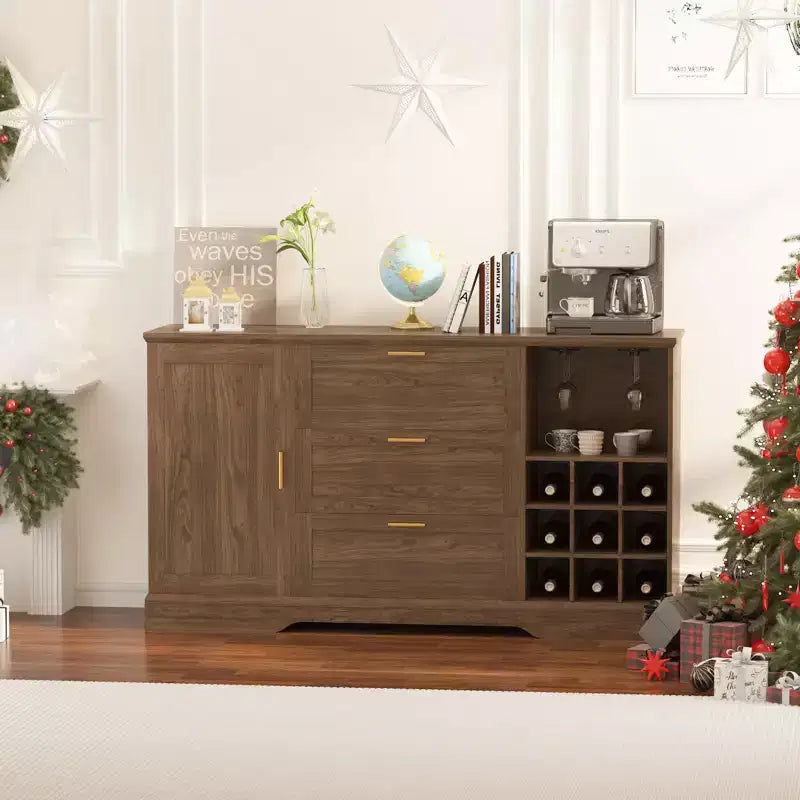 63 Sideboard Buffet Cabinet, Entryway Coffee Bar Cabinet with 3 Drawers & Wine Rack, Wooden Kitchen Island, Accent Credenza for Living Room