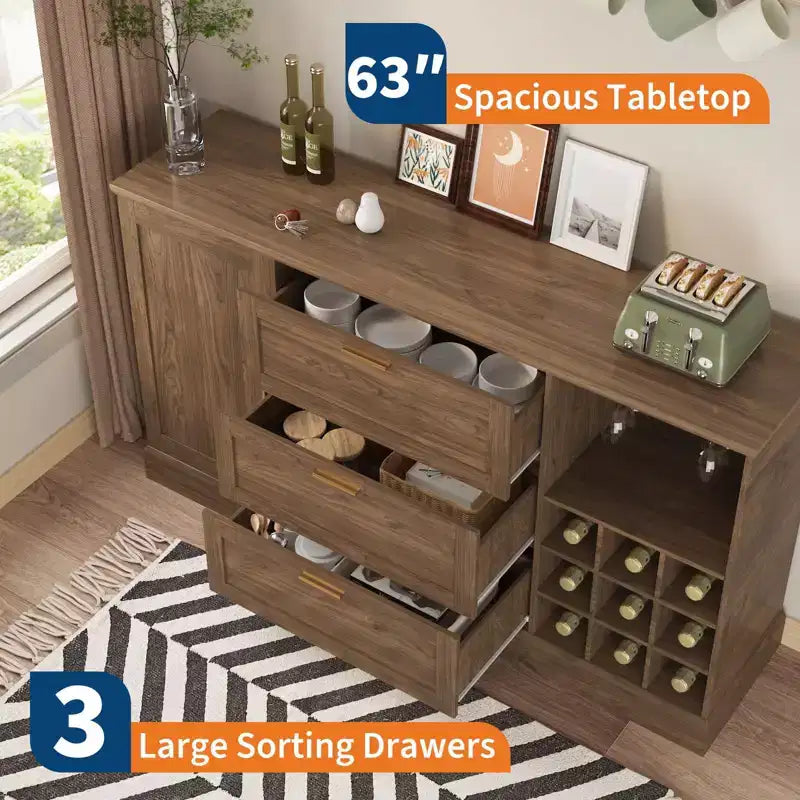 63 Sideboard Buffet Cabinet, Entryway Coffee Bar Cabinet with 3 Drawers & Wine Rack, Wooden Kitchen Island, Accent Credenza for Living Room