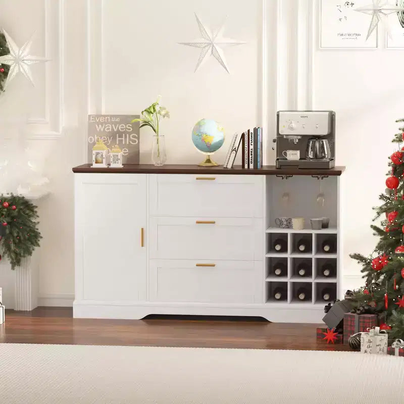 63 Sideboard Buffet Cabinet, Entryway Coffee Bar Cabinet with 3 Drawers & Wine Rack, Wooden Kitchen Island, Accent Credenza for Living Room