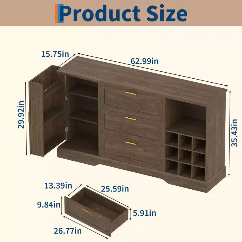 63 Sideboard Buffet Cabinet, Entryway Coffee Bar Cabinet with 3 Drawers & Wine Rack, Wooden Kitchen Island, Accent Credenza for Living Room