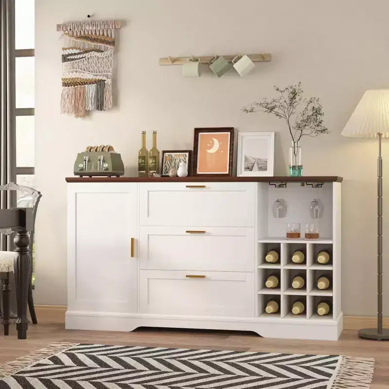 Buffet de salle à manger 63 po, Cabinet de bar à café pour entrée avec 3 tiroirs et porte-bouteilles, Îlot de cuisine en bois, Meuble d'appoint pour salon