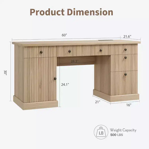 Bureau de direction de 60 po - Design cannelé avec station de recharge, Bureau en bois pour bureau à domicile - Naturel