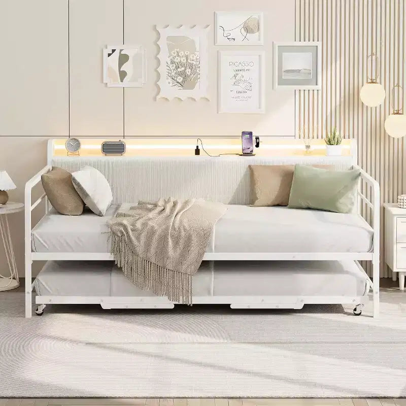 Double bed frame, corduroy upholstered headboard with storage, heavy-duty metal sofa bed, pop-out pull-down bed, suitable for living room and bedroom