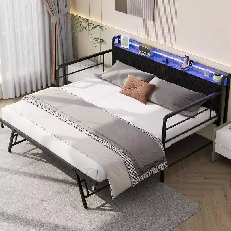 Double bed frame, corduroy upholstered headboard with storage, heavy-duty metal sofa bed, pop-out pull-down bed, suitable for living room and bedroom