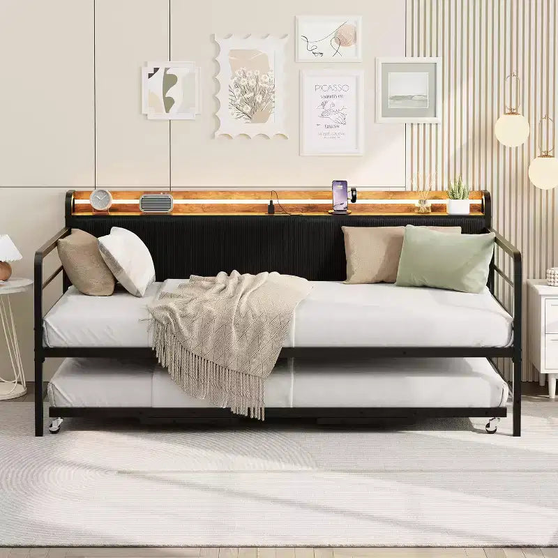 Double bed frame, corduroy upholstered headboard with storage, heavy-duty metal sofa bed, pop-out pull-down bed, suitable for living room and bedroom
