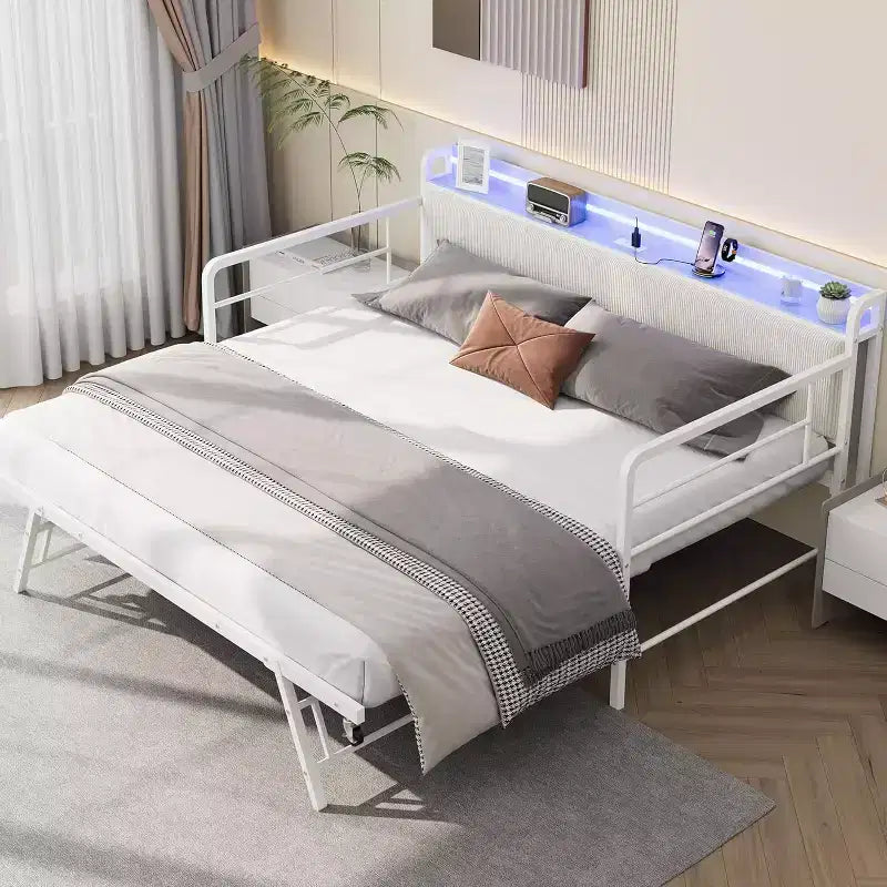 Double bed frame, corduroy upholstered headboard with storage, heavy-duty metal sofa bed, pop-out pull-down bed, suitable for living room and bedroom