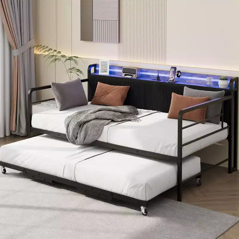 Double bed frame, corduroy upholstered headboard with storage, heavy-duty metal sofa bed, pop-out pull-down bed, suitable for living room and bedroom