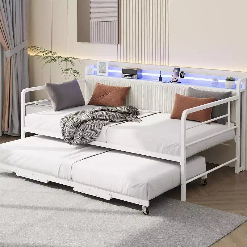 Double bed frame, corduroy upholstered headboard with storage, heavy-duty metal sofa bed, pop-out pull-down bed, suitable for living room and bedroom