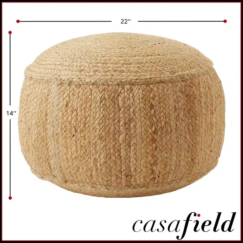 Casafield Braided Jute Pouf, 22 W x 22 D x 14 H Woven Jute Ottoman Footrest, Decorative Indoor Boho Home Accent for Living Room