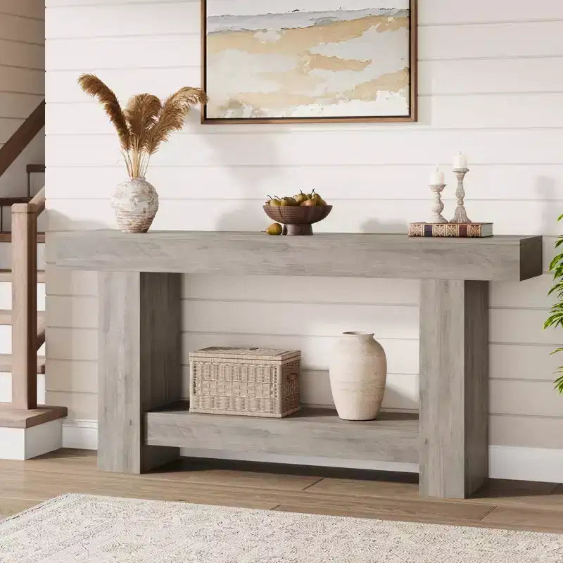 Farmhouse Console Table, 2-Tier Wood Sofa Table Behind Couch Narrow Entryway Accent Table for Entrance, Hallway, Living Room, Foyer