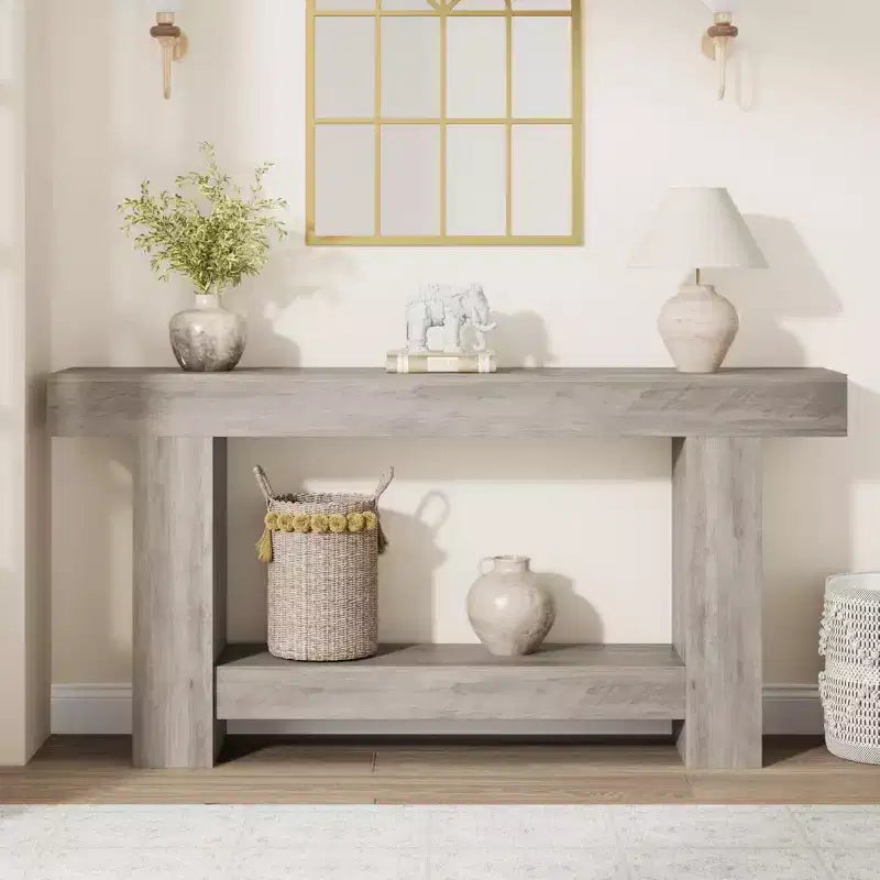 Farmhouse Console Table, 2-Tier Wood Sofa Table Behind Couch Narrow Entryway Accent Table for Entrance, Hallway, Living Room, Foyer