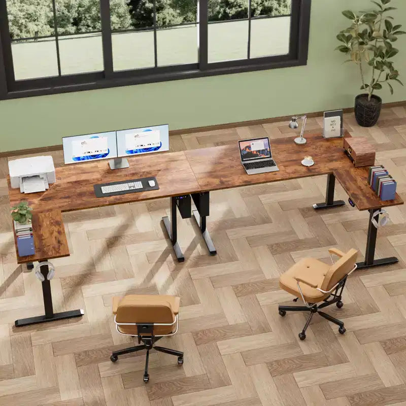 L Shaped Electric Standing Desk 63 Inch Height Adjustable Sit Stand Corner Computer Table Reversible Memory Presets Ergonomic Home Office Desk Brown