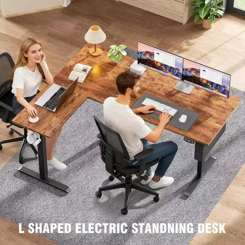 L Shaped Electric Standing Desk 63 Inch Height Adjustable Sit Stand Corner Computer Table Reversible Memory Presets Ergonomic Home Office Desk Brown