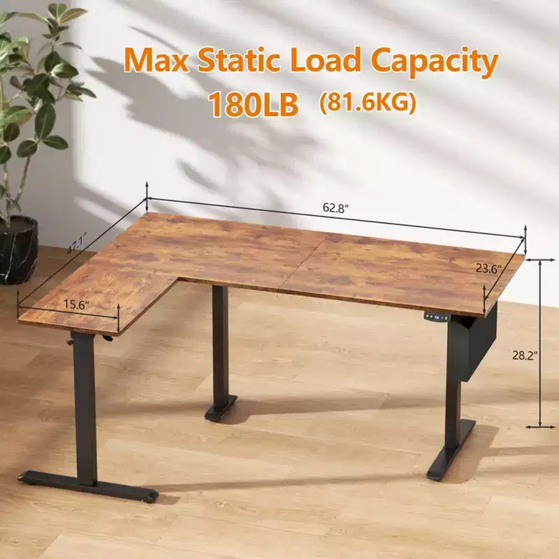 L Shaped Electric Standing Desk 63 Inch Height Adjustable Sit Stand Corner Computer Table Reversible Memory Presets Ergonomic Home Office Desk Brown