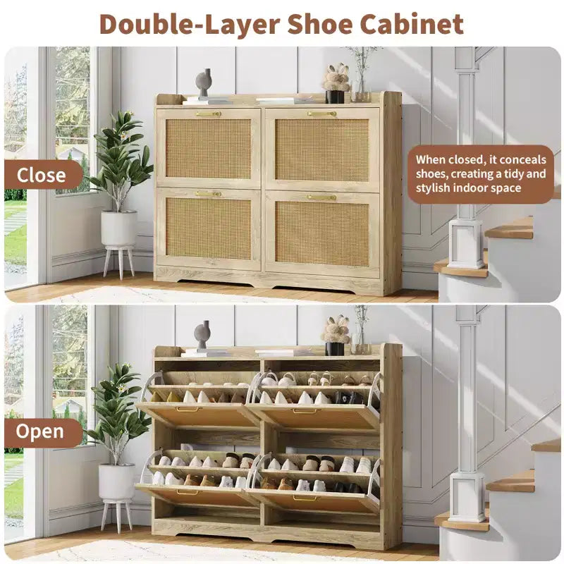 Shoe Cabinet with 4 Flip Drawers - Hidden Wide Wood Shoe Storage Cabinet, Simple and Elegant Freestanding Shoe Rack for Entryway, Hallway, Foyer