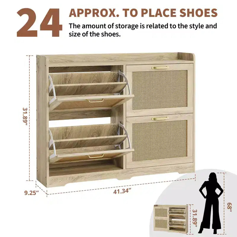Shoe Cabinet with 4 Flip Drawers - Hidden Wide Wood Shoe Storage Cabinet, Simple and Elegant Freestanding Shoe Rack for Entryway, Hallway, Foyer