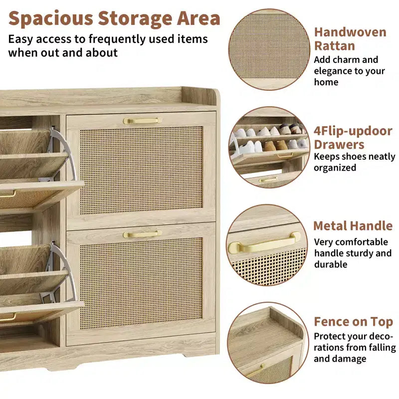 Shoe Cabinet with 4 Flip Drawers - Hidden Wide Wood Shoe Storage Cabinet, Simple and Elegant Freestanding Shoe Rack for Entryway, Hallway, Foyer