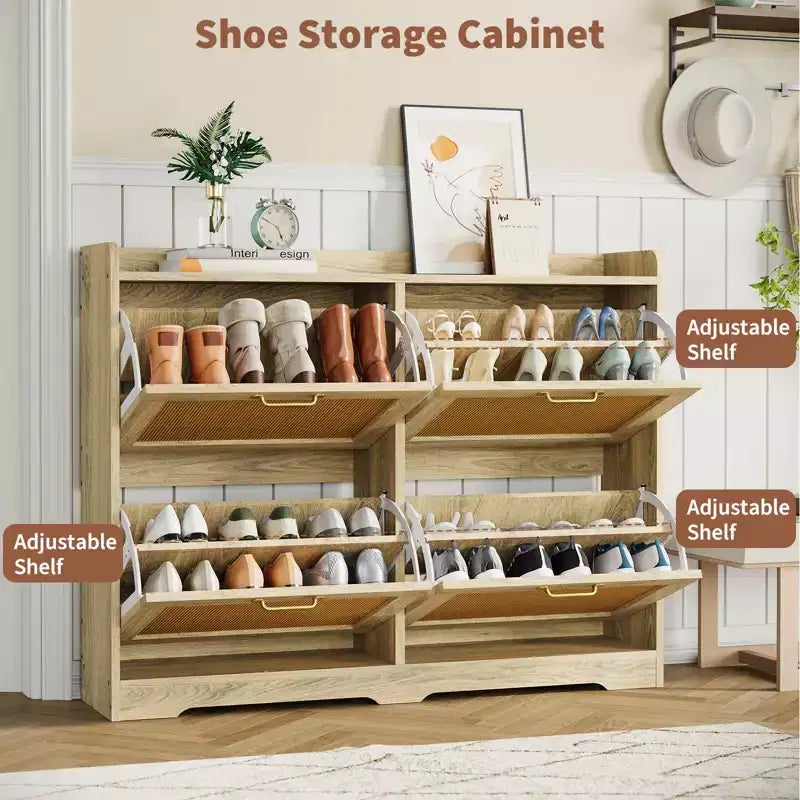 Shoe Cabinet with 4 Flip Drawers - Hidden Wide Wood Shoe Storage Cabinet, Simple and Elegant Freestanding Shoe Rack for Entryway, Hallway, Foyer