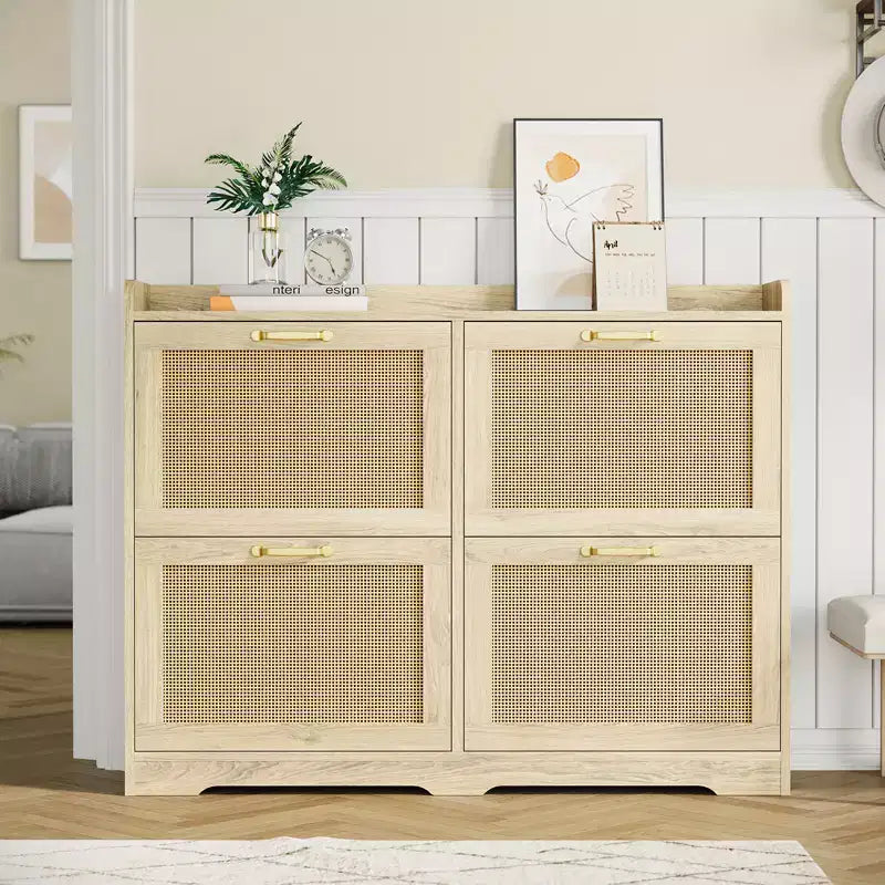 Shoe Cabinet with 4 Flip Drawers - Hidden Wide Wood Shoe Storage Cabinet, Simple and Elegant Freestanding Shoe Rack for Entryway, Hallway, Foyer