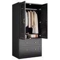 Spacious Wooden Wardrobe Closet  65 Louvered Doors, 2 Drawers, Hanging Rod, Durable Composite Wood, Bedroom/Laundry/Entryway Storage