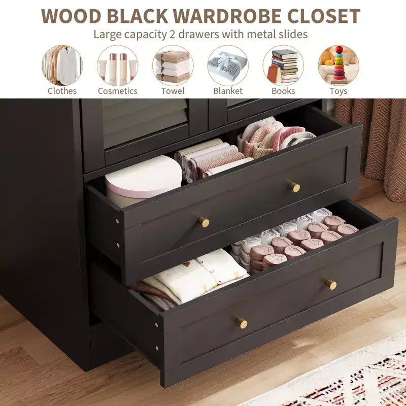 Spacious Wooden Wardrobe Closet  65 Louvered Doors, 2 Drawers, Hanging Rod, Durable Composite Wood, Bedroom/Laundry/Entryway Storage